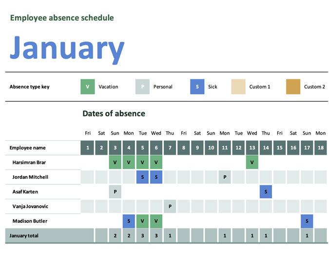 pto schedule excel template