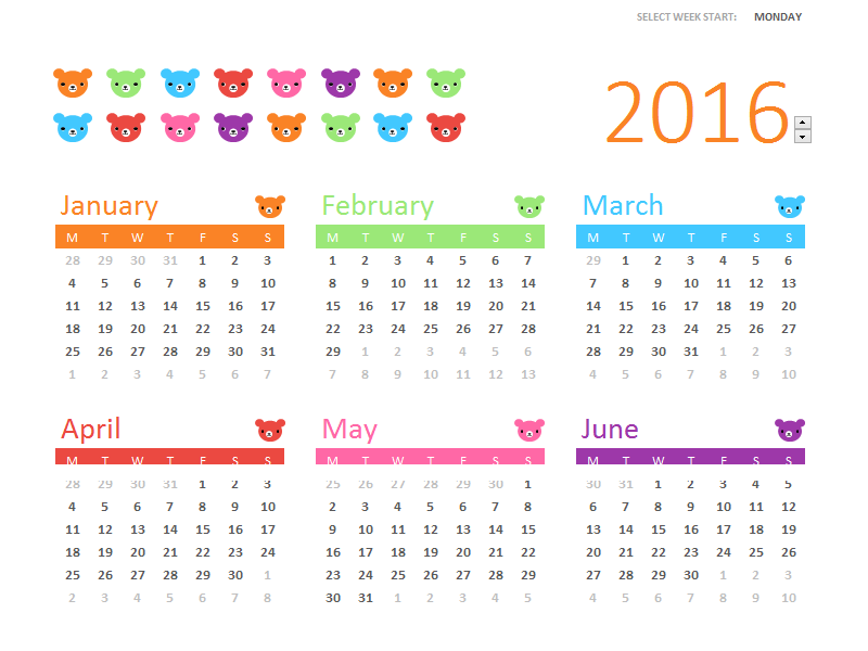 Any year calendar (1 page, Rainbow Bears design) Any year calendar (1 page, Rainbow Bears design)