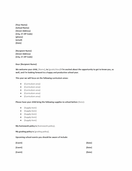 Back to school welcome letter Back to school welcome letter