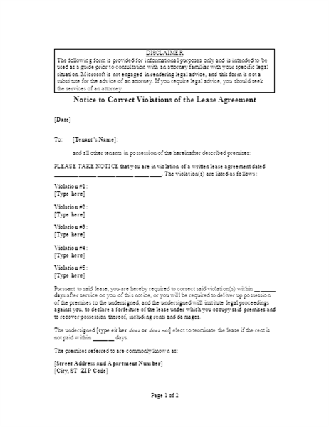 Notice to correct violations of lease agreement (online) Notice to correct violations of lease agreement (online)