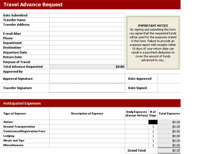 Travel Advance Request Form Templates 9+ Free Xlsx, Docs & PDF