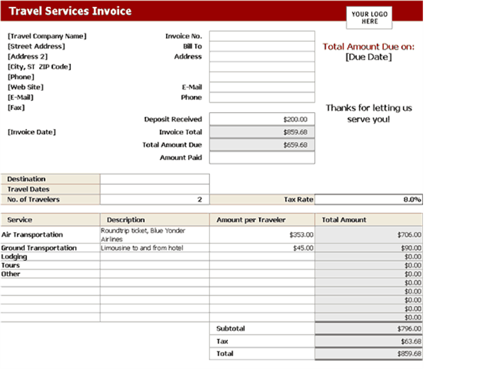 invoice travel service templates bill format travels word invoices tours office agency template example pdf