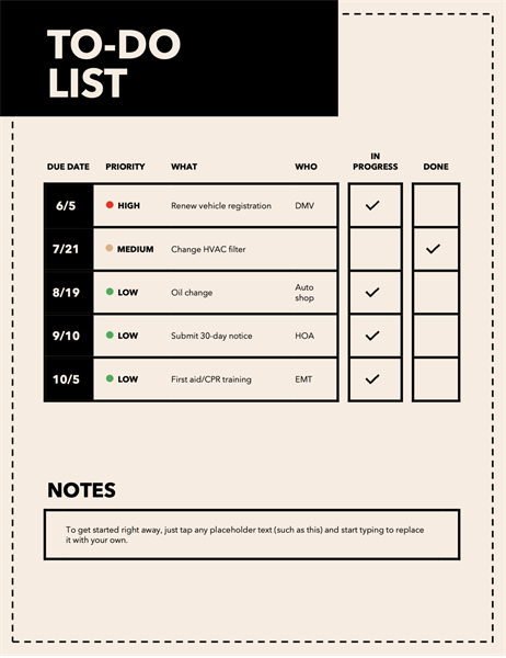 Things To Do Sheet Template