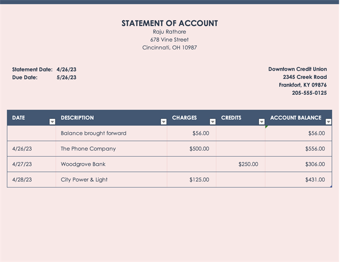 Simple Statement Of Account Template