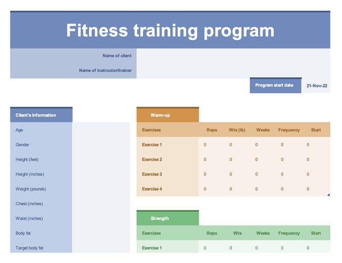 Personal Training Progress Chart Template