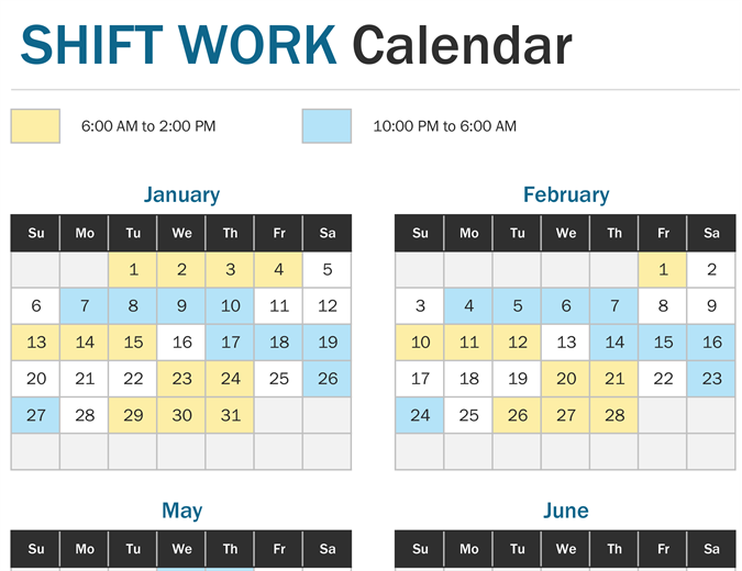 Shift work calendar year at a glance