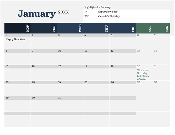 Modern calendar with highlights Modern calendar with highlights