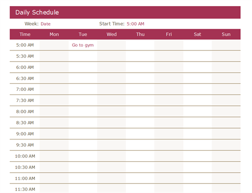 7 Day 24 Hour Calendar Template