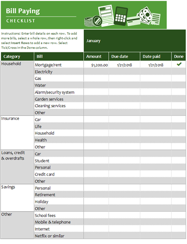 Bill paying checklist Bill paying checklist