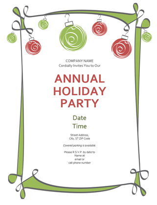 Holiday party invitation with ornaments and swirling border (Informal design) Holiday party invitation with ornaments and swirling border (Informal design)