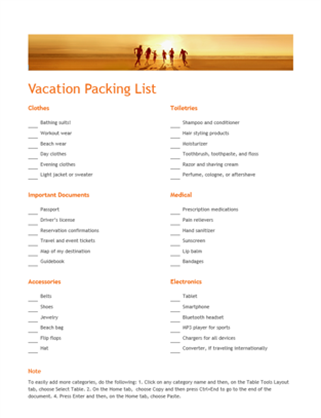 vacation packing list