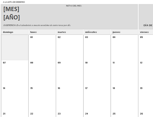 Calendario de deberes Calendario de deberes