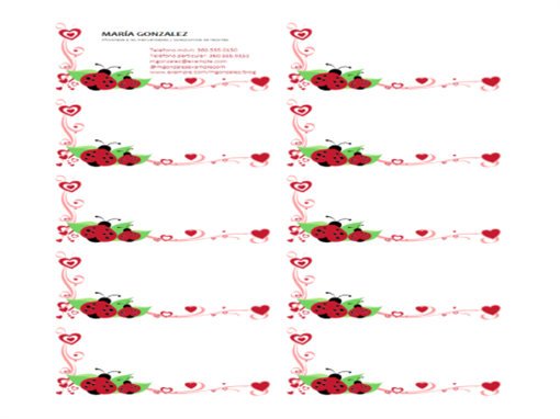 Tarjetas de presentación (mariquitas y corazones, alineadas a la izquierda, 10 por página) Tarjetas de presentación (mariquitas y corazones, alineadas a la izquierda, 10 por página)