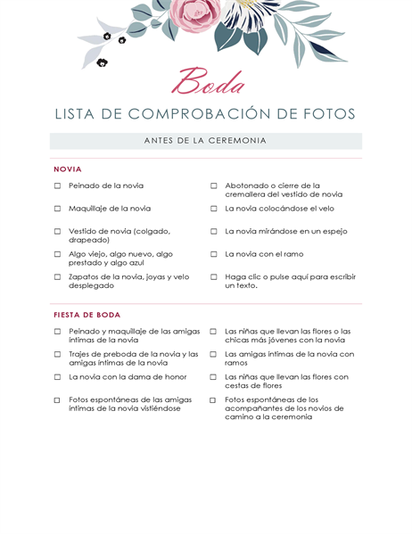 Lista de comprobación para las fotografías de la boda Lista de comprobación para las fotografías de la boda