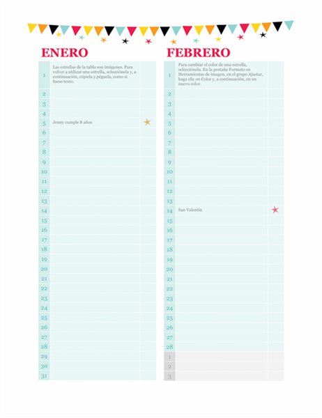 Calendario de cumpleaños y de aniversario (cualquier año) Calendario de cumpleaños y de aniversario (cualquier año)