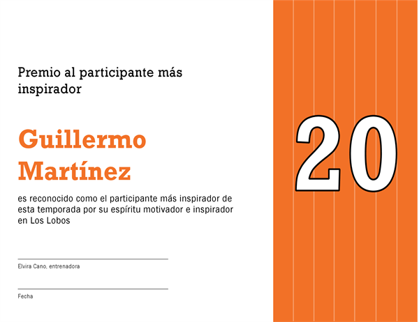 Certificado de premio Jugador más inspirador (título editable) Certificado de premio Jugador más inspirador (título editable)