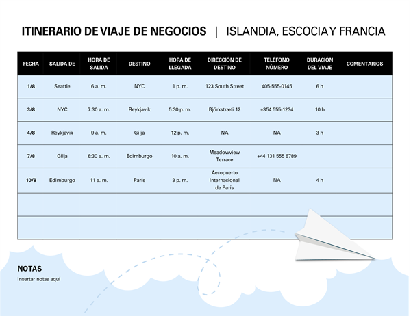 Itinerario de viaje de negocios