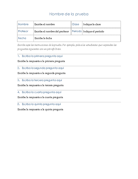 Prueba con preguntas de desarrollo Prueba con preguntas de desarrollo