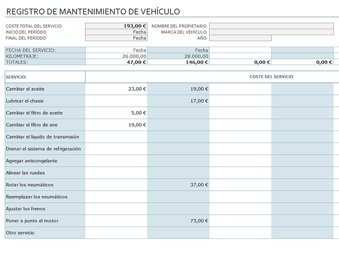 Registro de mantenimiento de vehículos Registro de mantenimiento de vehículos