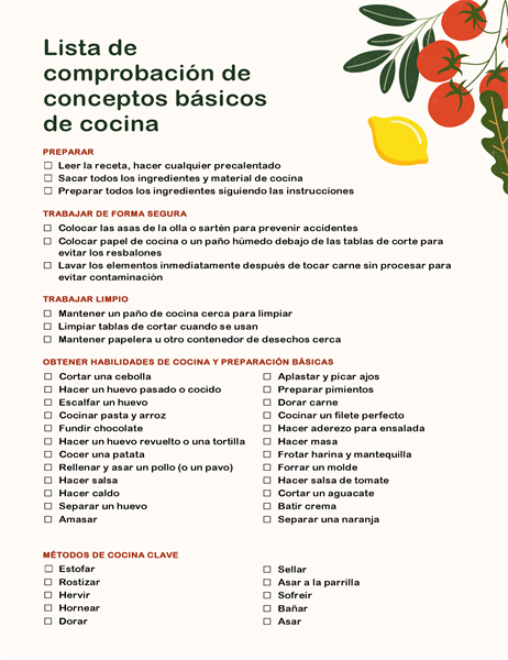 Lista de comprobación de conceptos básicos de cocina Lista de comprobación de conceptos básicos de cocina