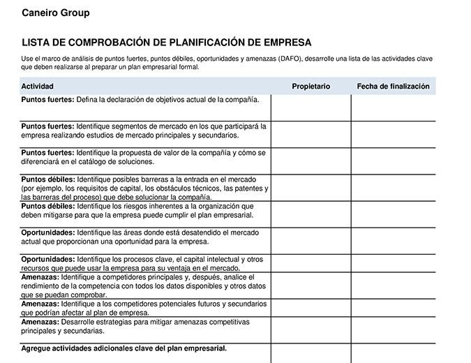 Lista de comprobación del plan empresarial Lista de comprobación del plan empresarial