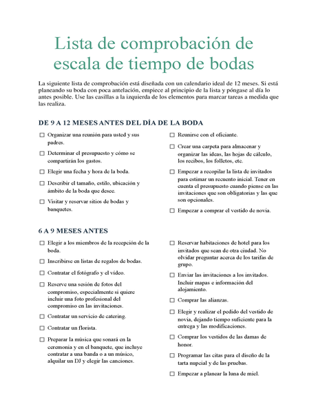 Lista de comprobación de escala de tiempo de boda Lista de comprobación de escala de tiempo de boda