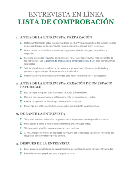 Lista de comprobación para entrevista de trabajo en línea Lista de comprobación para entrevista de trabajo en línea