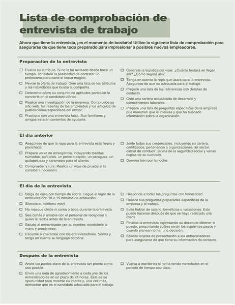 Lista de comprobación de entrevista de trabajo Lista de comprobación de entrevista de trabajo