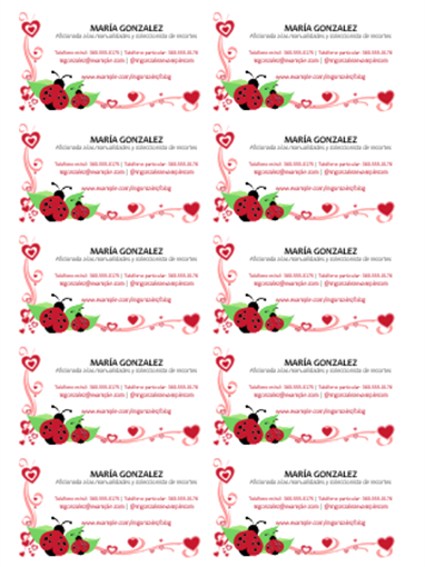 Tarjetas de presentación (mariquitas y corazones, centradas, 10 por página) Tarjetas de presentación (mariquitas y corazones, centradas, 10 por página)