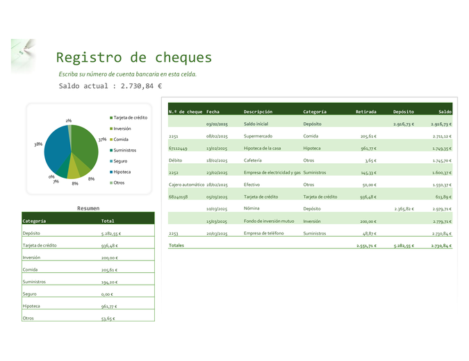 Registro de cheques con gráfico Registro de cheques con gráfico