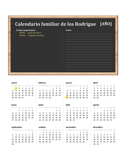 Calendario familiar (cualquier año, de lunes a domingo) Calendario familiar (cualquier año, de lunes a domingo)