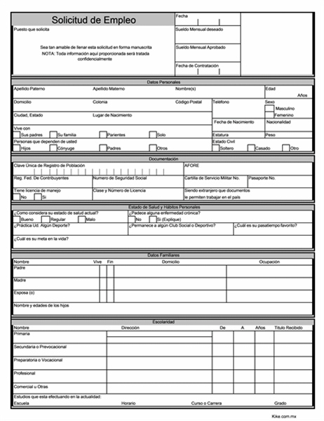 Formulario de solicitud de empleo pdf