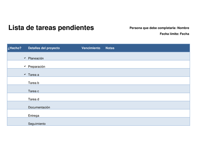 Lista de tareas pendientes para proyectos Lista de tareas pendientes para proyectos