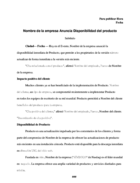 Nota de prensa con anuncio de producto Nota de prensa con anuncio de producto