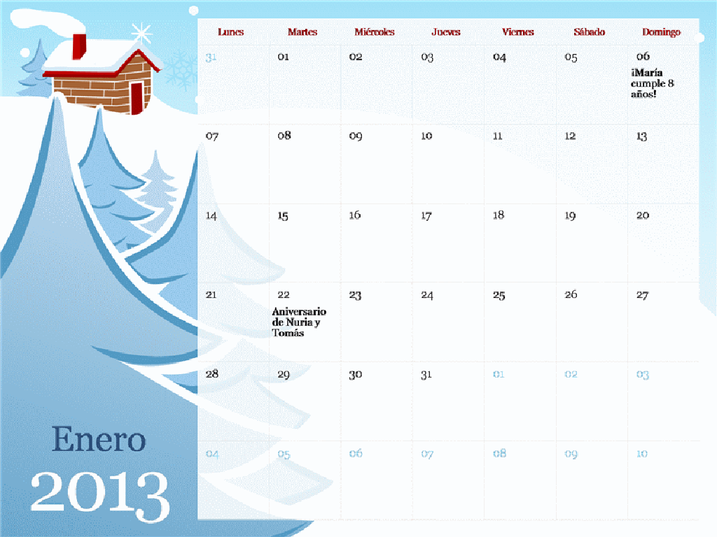 Calendario estacional ilustrado de 2013, Lun-Dom Calendario estacional ilustrado de 2013, Lun-Dom