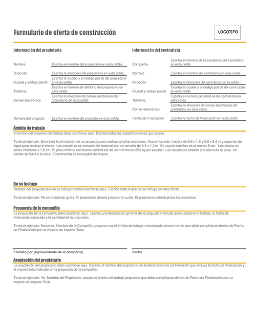 Formulario de oferta de construcción Formulario de oferta de construcción