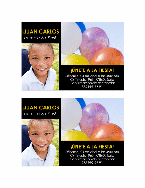 Invitación a una fiesta (diseño en amarillo sobre negro, con dos fotos) Invitación a una fiesta (diseño en amarillo sobre negro, con dos fotos)