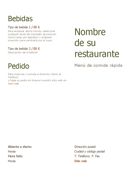 Menú de comida rápida Menú de comida rápida