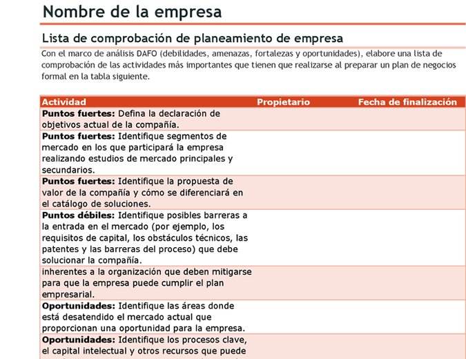 Lista de comprobación de plan de negocios con análisis DAFO Lista de comprobación de plan de negocios con análisis DAFO