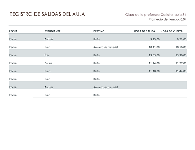 Registro de autorizaciones para salir del aula Registro de autorizaciones para salir del aula