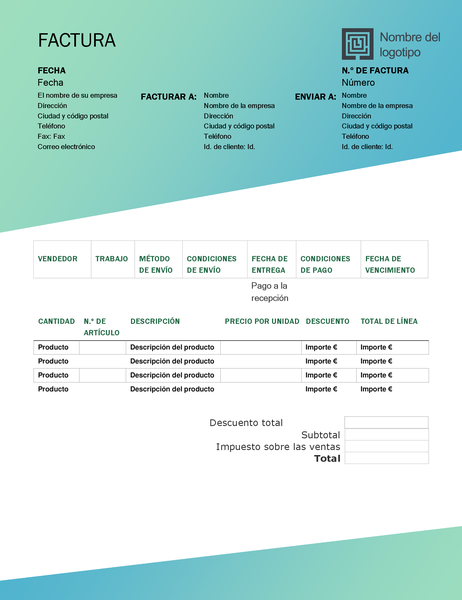Factura de ventas (diseño de degradado verde) Factura de ventas (diseño de degradado verde)