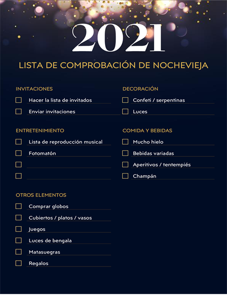 Lista de comprobación para fiesta de Nochevieja Lista de comprobación para fiesta de Nochevieja