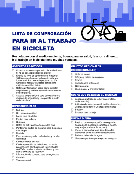 Lista de comprobación para ir al trabajo en bicicleta Lista de comprobación para ir al trabajo en bicicleta