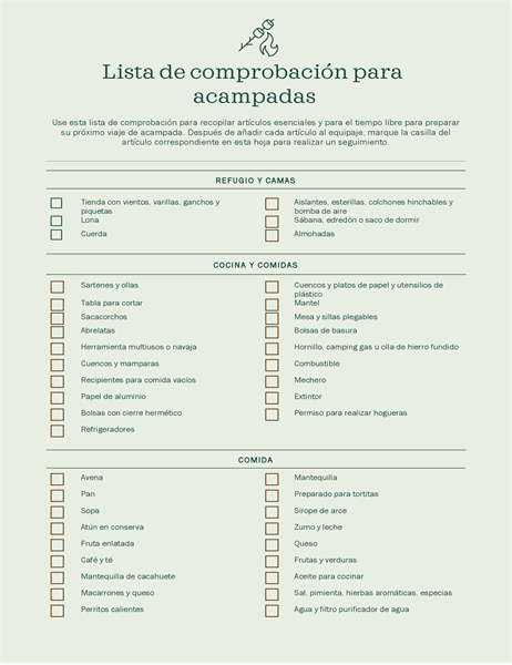 Lista de comprobación para acampadas Lista de comprobación para acampadas