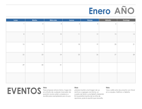 Calendario horizontal (inicio en lunes) Calendario horizontal (inicio en lunes)