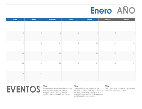 Calendario horizontal (inicio en domingo) Calendario horizontal (inicio en domingo)