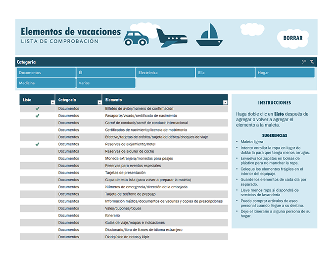 Lista de comprobación de vacaciones Lista de comprobación de vacaciones