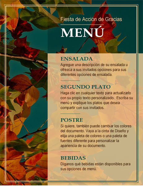 Menú de Acción de Gracias con hojas de otoño Menú de Acción de Gracias con hojas de otoño