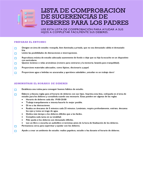 Lista de comprobación de sugerencias de deberes Lista de comprobación de sugerencias de deberes