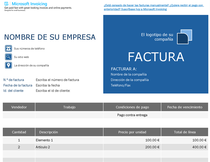 Factura de pedido con Microsoft Invoicing Factura de pedido con Microsoft Invoicing